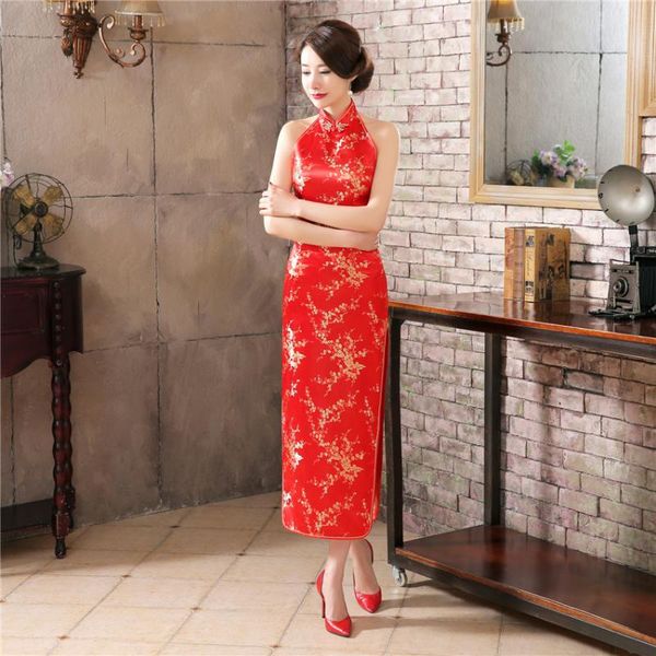 

shanghai story womens satin halter cheongsam long qipao backless costume dress size s---xxxl chinese traditional dress, Red