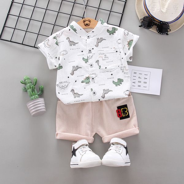 

2020 мальчики одежда 2 шт лето малышей детские outfit сыпучие mock воротник с коротким рукавом на пуговицах динозавр топ шорты эластичные, White