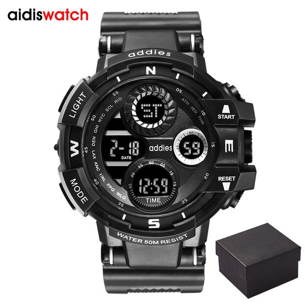 

men digital sports watch tactical waterproof outdoor led backlight alarm multi function big analog quartz dual display, Slivery;brown