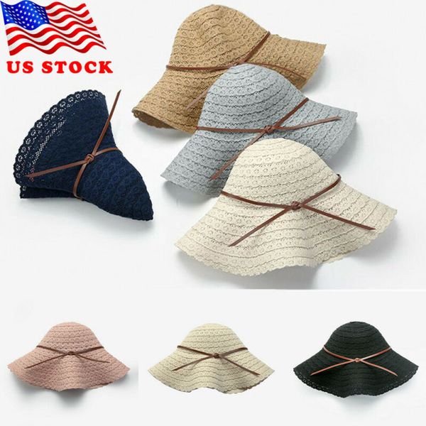 

women lace bow-knot all-match beach travel floppy lace crochet packable sun hat, Blue;gray