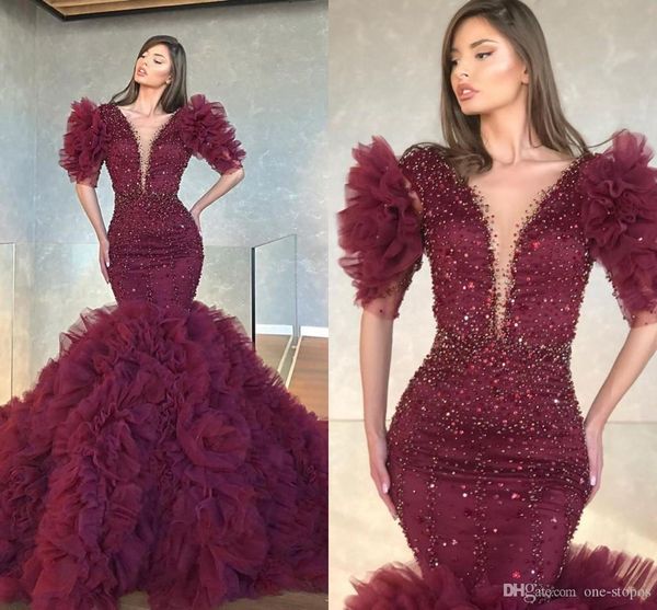 

2020 arabic aso ebi beaded prom dress crystals burgundy evening gown mermaid sheer neck formal party second gowns, Black