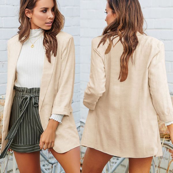 

blazer mujer 2019 women autumn solid open front long sleeve notched pockets casual elegante ladies office long overwear, White;black