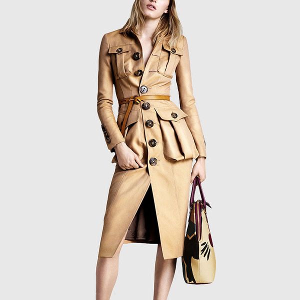 

leather women's windbreaker lapel collar long sleeve high waist trench coats female 2019 autumn fashion new, Black