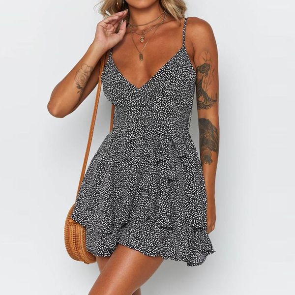 

women summer dress deep v-neck sleeveless dot print cascading ruffle bandage mini strap dress party vestidos verano, Black;gray