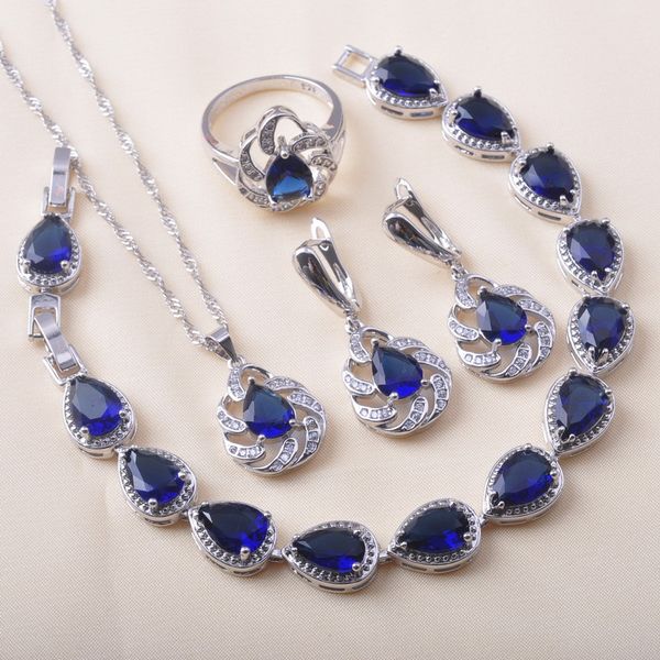 

exquisite 925 silver jewelry sets bridal jewelry for women blue crystal bracelet earrings ring pendant birthday gift qs0631