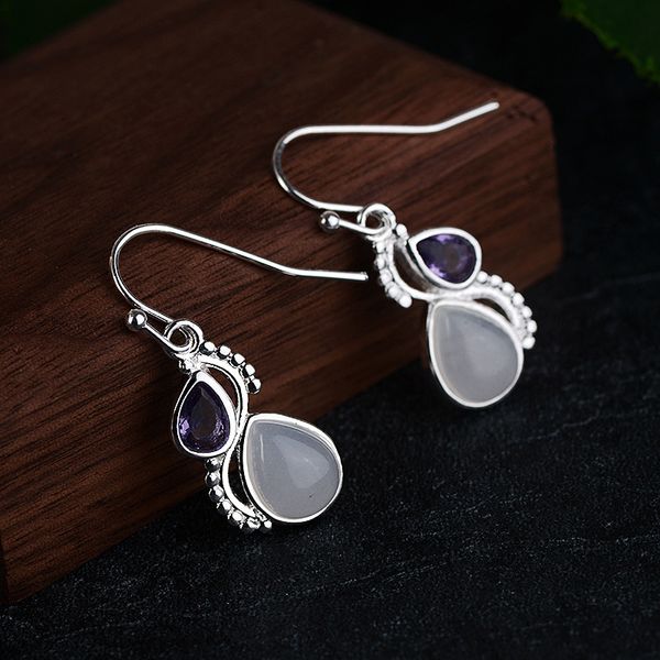 

retro inlaid purple zircon dangle earrings for women elegant water drop shape artificial moonstone drop earrings jewelry brincos, Silver