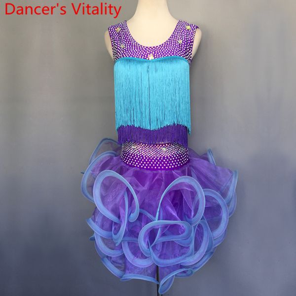 

children latin dance wear cha cha competition clothes rumba samba tango dance performance costume tassel sheer dress set, Black;red