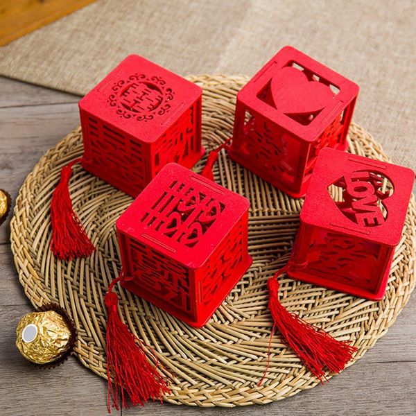 

red wood candy gift box chinese double happiness wedding favor boxes chocolate cake packing paper boxes party decoration