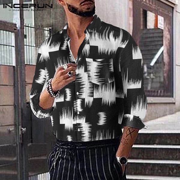 

fashion men lapel neck long sleeve button down shirts chic irregular printed pockets blouse brand incerun camisa masculina 5xl, White;black