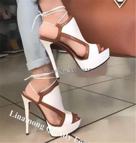 

linamong fashion peep toe brown white patchwork high platform stiletto heel sandals lace cross-up high heel sandals wedding shoe, Black