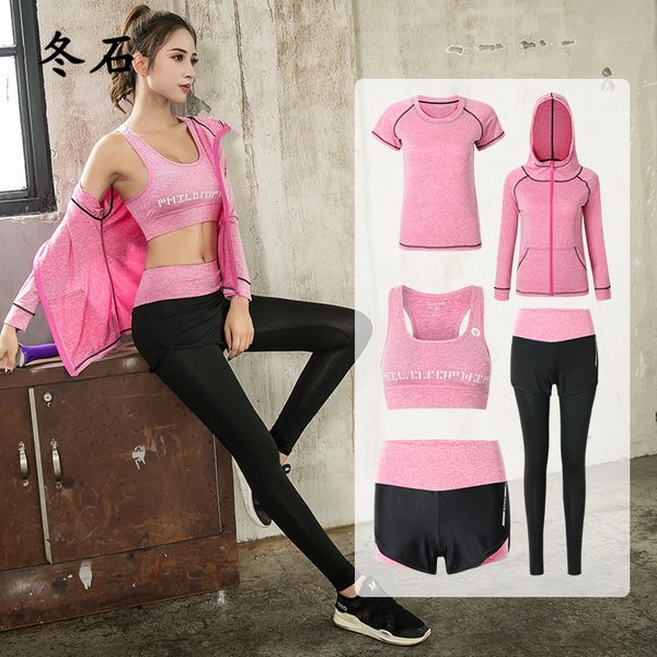 

yoga outfits set jacket+tights pants+short+yoga shirt+sports bras 5 pieces running fitness gym clothing outdoor sport clothes, White;red