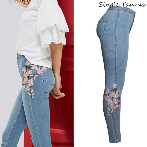 New Women/'s Embroidery Floral Slim Jeans High Waist Denim Pencil Long Pants CB