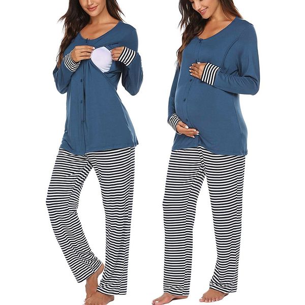 

2019 maternity outfit women maternity long sleeve nursing t-shirt +striped pants pajamas set suit for pregnant woman 1217, White