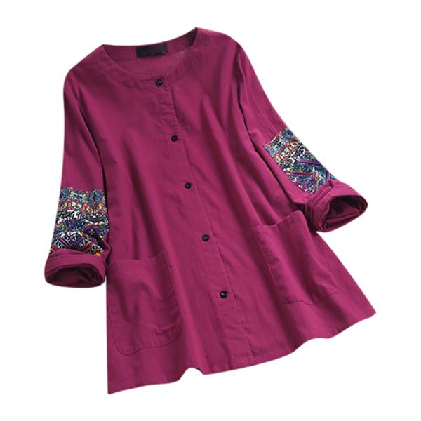 

fashion shirt woman 2019 vintage patchwork print long sleeve button pocket casual shirts camisas mujer modis, White