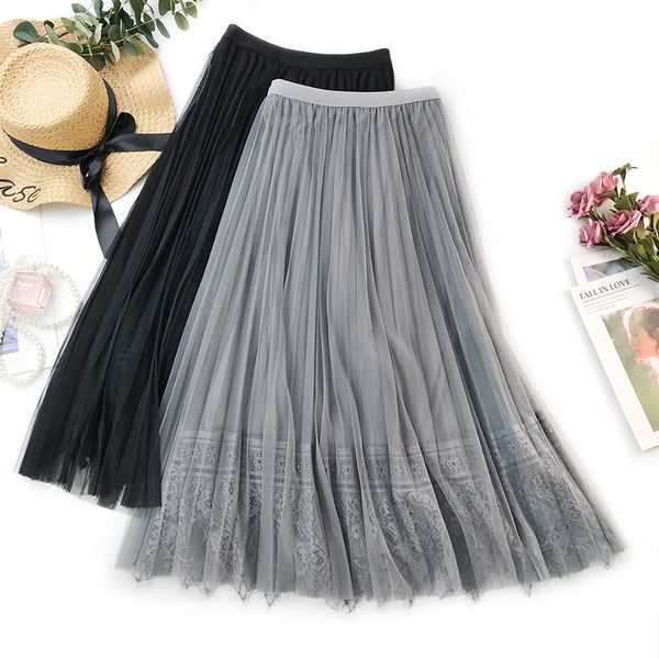 

ladies wind skirt women's new high waist long section was thin pleated skirt lace stitching big swing, Black