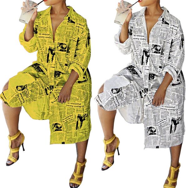 

2019 new long design women blouses shirts newspaper printed long sleeve turn down neck women streetwear, White