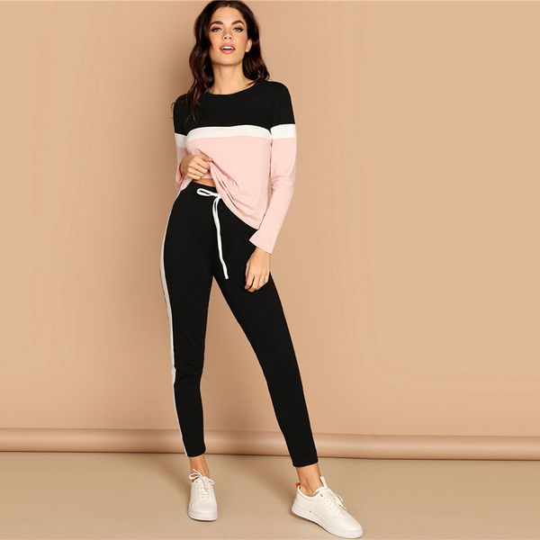 

athleisure цвет блока top и drawstring талии боковые панели штаны женщины двухкусочный набор спринг спортивные повседневные два бюстье, White