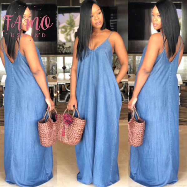 

2020 fashion lady boho backless summer long denim maxi dress джинсовые платья свободные без бретелек vestidos плюс размер s xxxl, Black;gray