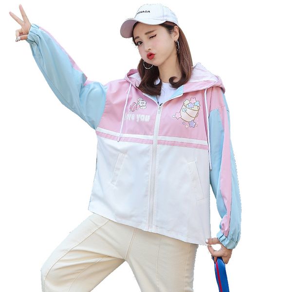 

women korea fashion jacket cute candy print japan harajuku hooded kawaii zip-up pink blue preppy style girl cute sweet thin coat, Black;brown