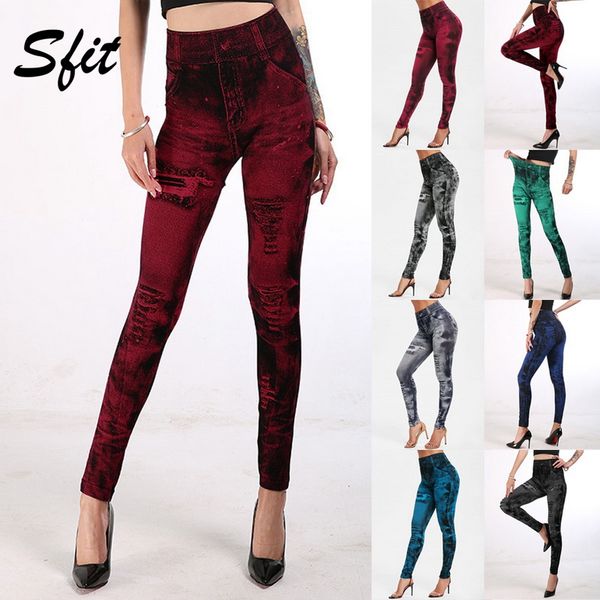 

sfit women pull cashmere body imitation jeans stretchable slim leggings hips tights pencil pants denim pants high waist fitness, White;red