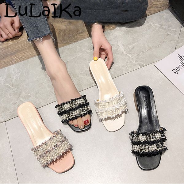 

2019 summer women's slippers fashion fringe pearls with square head loose joker low heel wear casual shoes beach sand drag, Black