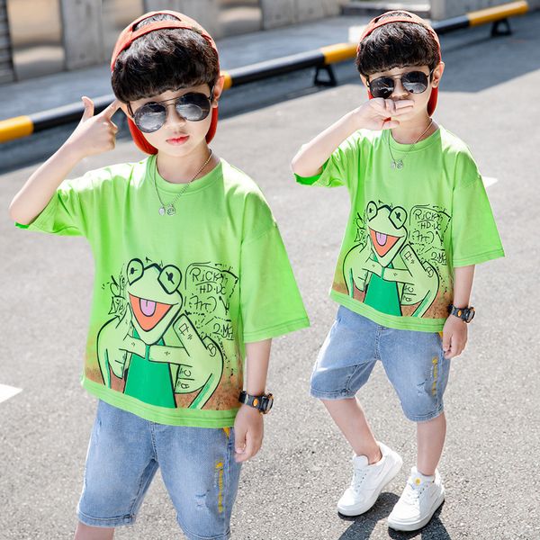 

summer boys clothes kids short o-neck 2020 new two-piece casual cartoon t-shirt shorts clothes for teens cotton jeans sportswear, White