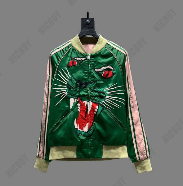 

fashion designer mens brand clothing europe embroidery wolf tiger patchwork stripe sleeve color zip streetwear outwear jacket, Black;brown