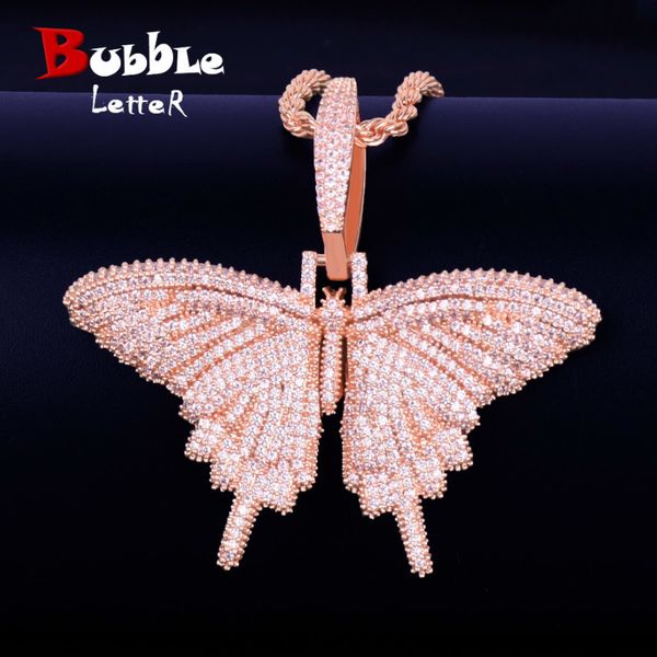 

pink animal butterfly pendant necklace charm 4mmtennis chain & cuban chain gold silver cubic zircon men's hip hop rock jewelry