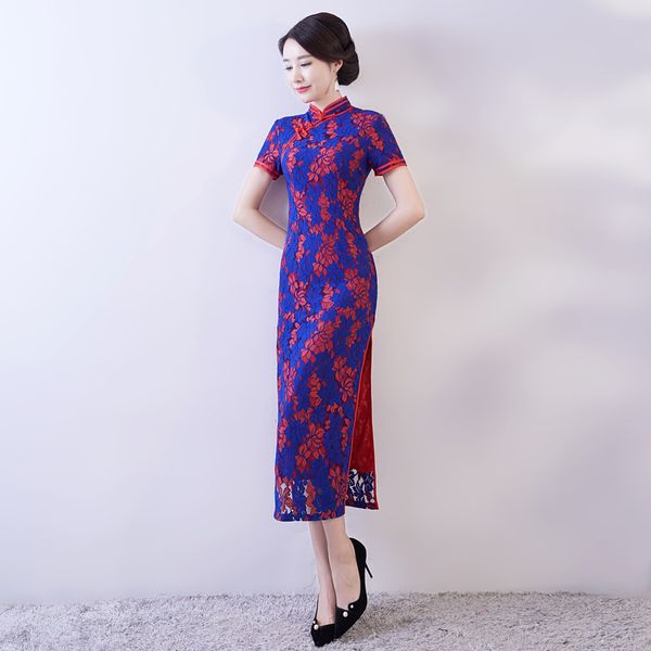 

s-3xl long cheongsam vintage chinese style dress 2019 fashion summer womens lace qipao slim party dresses button vestido, Red