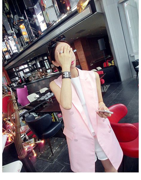 

pink solid women suit vest jacket double breasted pockets plus size waistcoat sleeveless blazer coats, Black;white