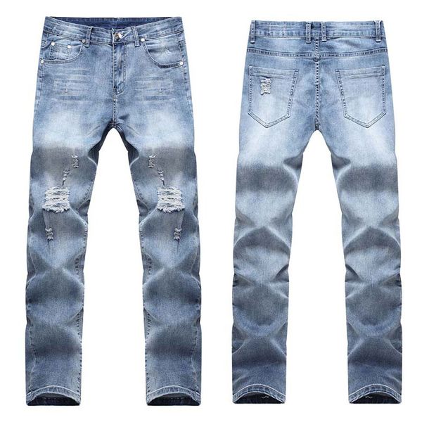 

men skinny biker jeans denim pants knee holes hiphop pants washed high quality, Blue