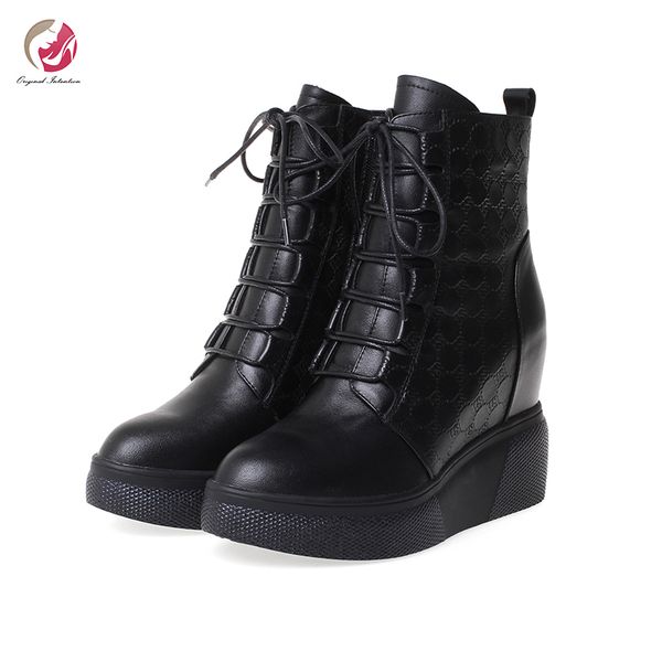 

original intention new fashion super high wedges ankle boots woman black white brown high platform cross-tied round toe popular