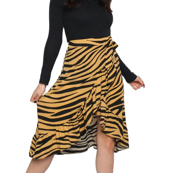 

womens ladies high tie bow animal print ruffle hem frill wrap midi skirt clothing female jupe femme womens summer skirt 2020, Black