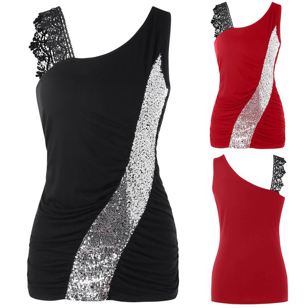 

womens fashion lace glittering skew collar long section slim sequined tank sleeveless vest roupas femininas, White