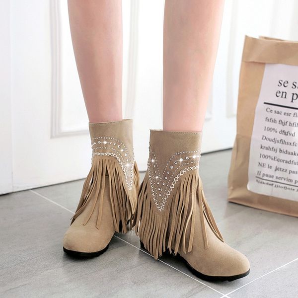 

tassel crystal fashion boots women 2019 autumn winter warm solid increase retro round toe ankle boots for women botas mujer, Black
