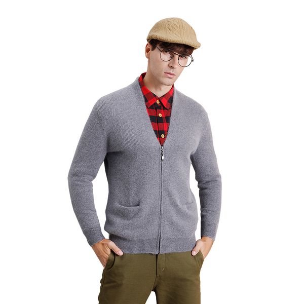 

zhili mens cashmere v-neck knit sweater zipper coat, White;black