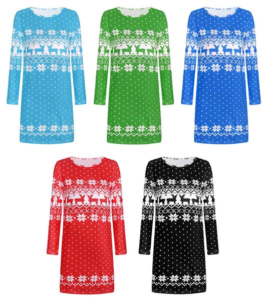 

5 colors women christmas dress elk snowflake printed long sleeve autumn winter new xmas dress for woman, White