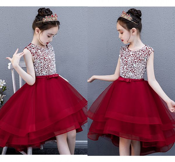 Borgonha Frisada Alta Lo Vestidos de Pageant para Little Girls Sleeve Jewel Jewel Bow Tule Party Graduation Dress Kids ToDdler Primeira comunhão vestido