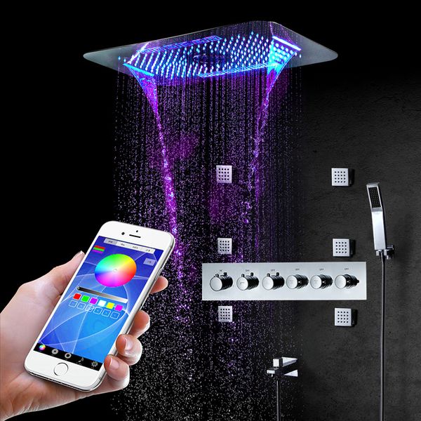 

touch panel led showerheads rainfall shower faucets set massage spa jet bathroom shower colorful 710*430mm thermostatic shower mixer brass