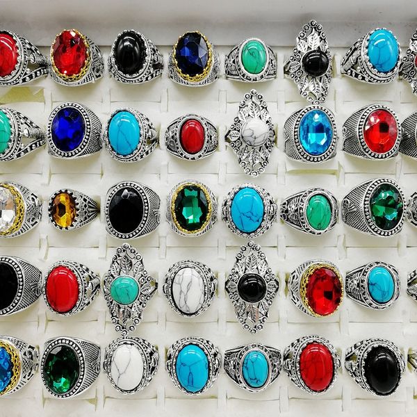 Moda 30 adet/lot turkuaz bant yüzük mücevher büyük boyutlu kristal antika gümüş doğal taş yüzük kadın erkek parti hediyesi