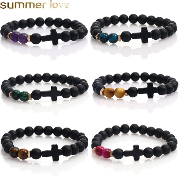 

fashion design natural black matte stone agate beads bracelet for men cross charm bracelet handmade elastic rope adjustable bracelet jewelry