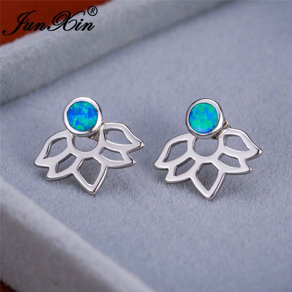 

cute flower lotus stud earrings 925 silver rose gold color round blue fire opal earrings for women wedding engagement ear jewelry, Golden;silver