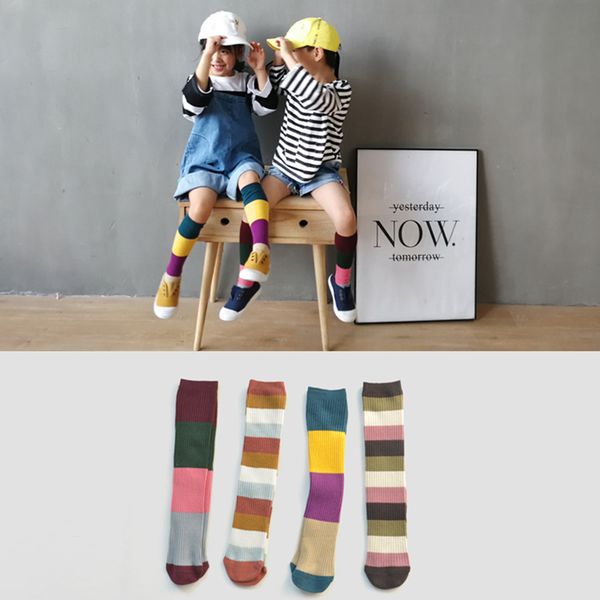

breathable cotton girls stockings boys stockings kids knee socks baby pile socks children striped rainbow 3 to 8 yrs, Pink;yellow