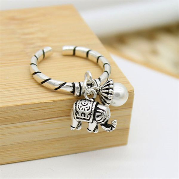 

2020 new arrival dropship new design finger open rings elephant pearl vintage retro hiphop s925 silver adjustable women's ring, Golden;silver