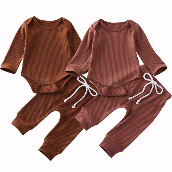 

2020 baby spring autumn clothing 2pcs newborn baby boy girl clothes long sleeve romper +long pants ribbed solid outfit set, White