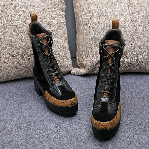 

high-end color matching lace-up martin boots 2020 thick bottom authentic heel breathable women's boots high heel women's short boo, Black