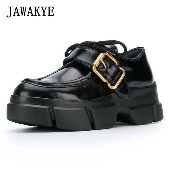 

college style platform women loafers shoes women round toe metal buckle genuine leather flat shoes woman black white