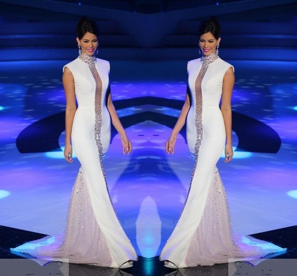 

2019 Miss Universe Pageant Evening Dresses White High Neck Bling Crystals Cap Sleeve Tulle Mermaid Celebrity Formal Prom Dresses