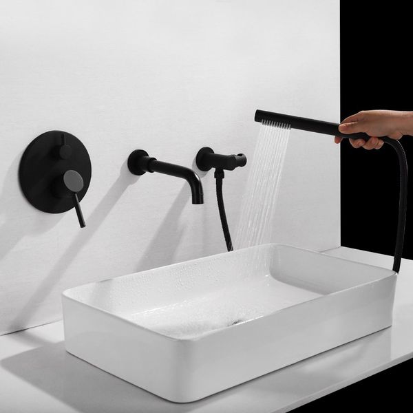 

Three Holes Single Handle Wall Mounted Bathroom Sink Faucet with Handshower,360°Rotation Bathroom Vessel Lavatory Bathtub Faucets Rough-in V