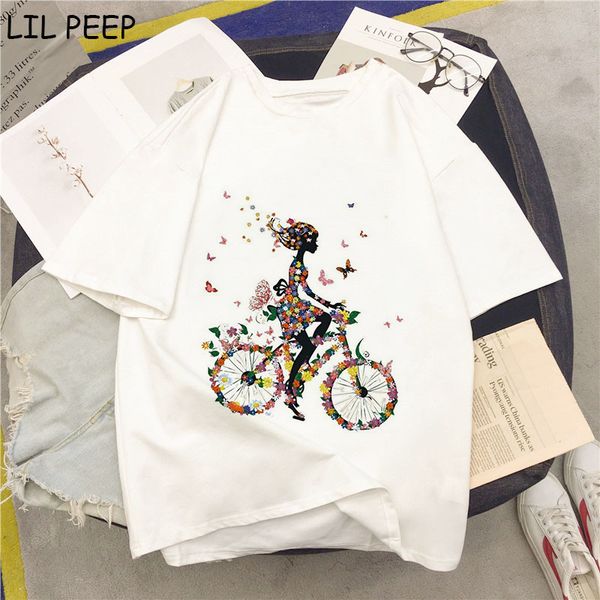 

flower bicycle girl t shirt women short o-neck t shirt plus size korean women tshirt harajuku punk tee femme 90s clothes, White